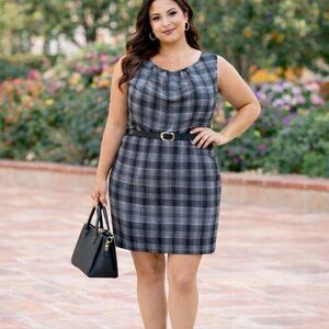 Mystic Plaid Sleeveless Professional Dress XXL | Belted | Pockets | Office Wear